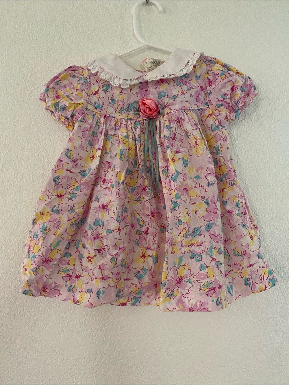Vintage Cotton Baby Girl Pink Pastel Floral Dress Puff Sleeve Lace Collar 24M